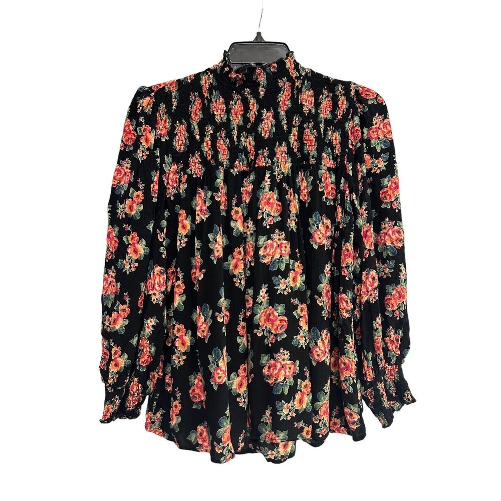 Angie Top Womens Long Bell Sleeve Size M Mock Neck Flowy Floral Black Boho Gauzy
